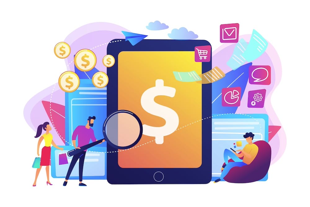 “Illustration of mobile app development cost with large smartphone, euro and dollar signs, and people analysing app features”